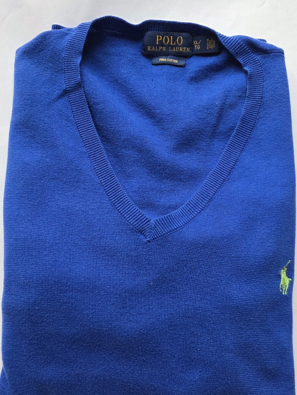 Polo Ralph Lauren Men's XL Pima Cotton V-Neck Sweater — Blue, Green Pony Logo